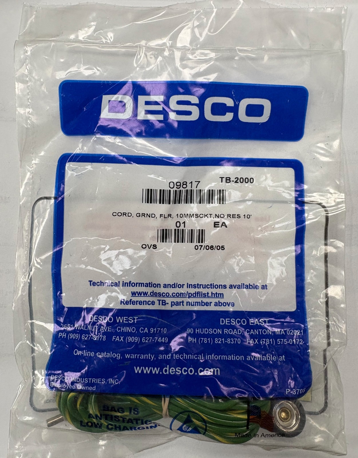 DESCO 09817 ESD GROUNDING CORD GRND FLR 10mmSCKT NO RES 10′ FEMALE SNAP
