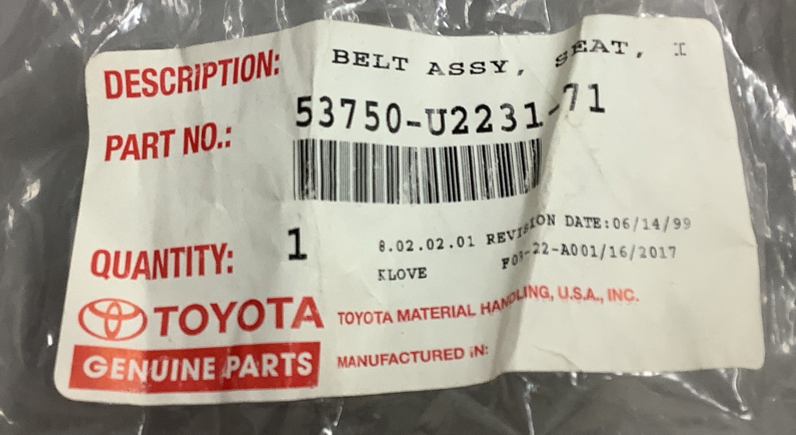 Genuine Toyota Seat Belt Assembly 53750-U2231-71, LH, Retractable (b183)