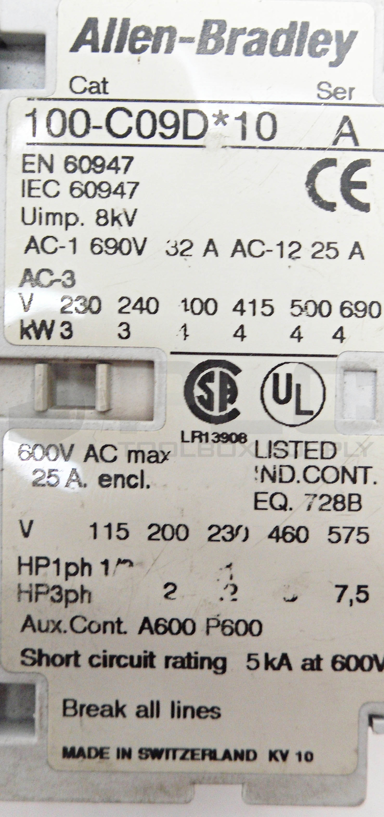 ALLEN BRADLEY 100-C09D*10 SER A CONTACTOR 24VDC