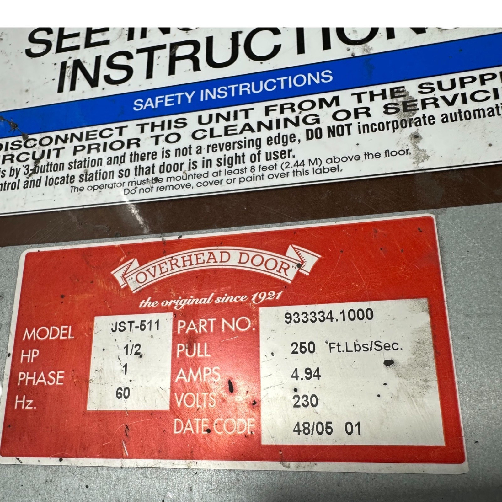 Overhead Door Model JST-511, 933334.1000 W/ A.O. Smith C56A04A19 AC Motor🔥
