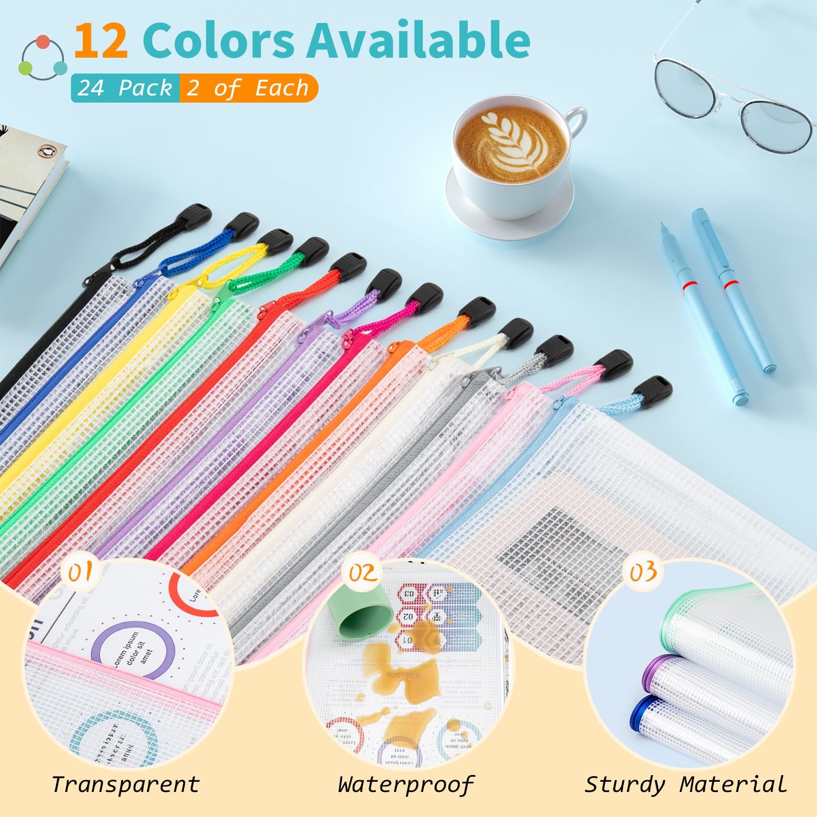 Umriox 24 Pack 12 Colors Zipper Pouches for A4 (13.0×9.0 in), 24p-12c