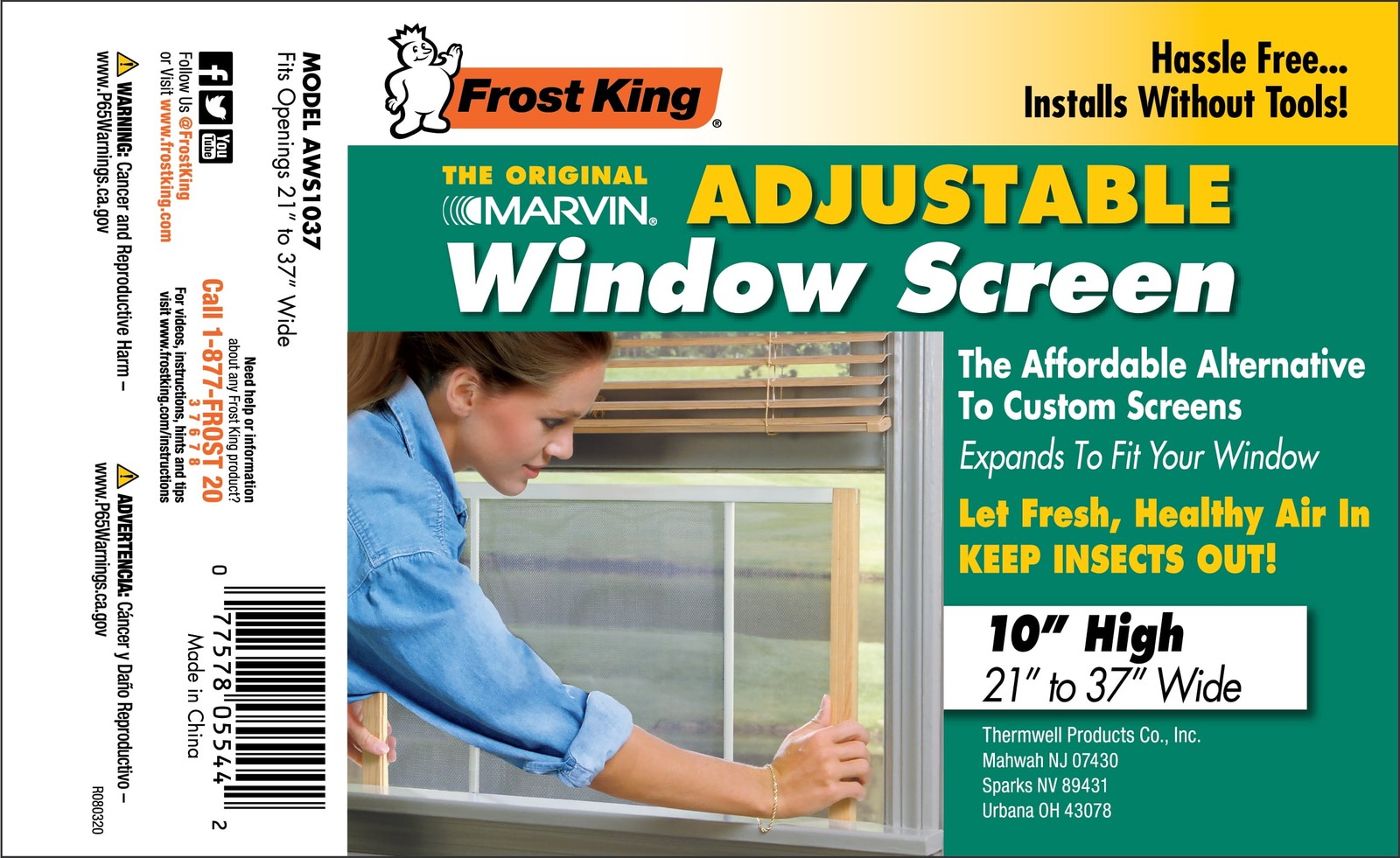 Frost King® AWS1037/6W W.B. Marvin Adjustable Window Screen, 10″ High
