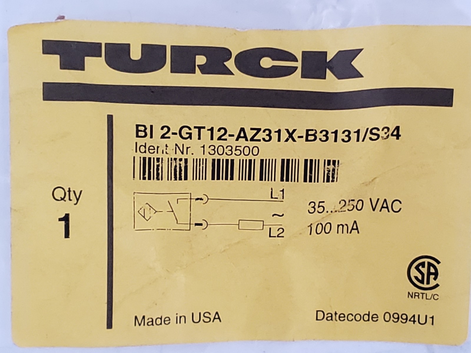 TURCK BI2-GT12-AZ31X-B3131/S34 INDUCTIVE SENSOR 35-250V 1 LED (1303500) NIB