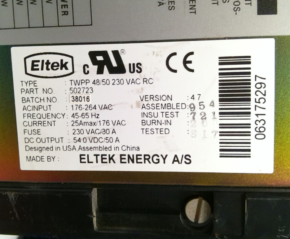 Eltek Twin Pack Plus 502723 TWPP 48/50 230 VAC RC Rectifier Module