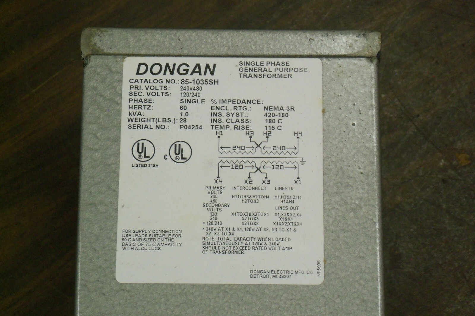 Dongan 85-1035SH P04254 Single Phase General Purpose Transformer