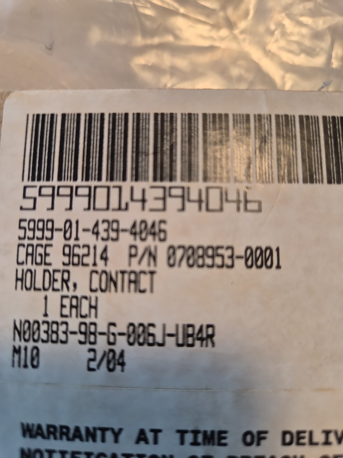 Raytheon Contact Holder PN 708953-1, NSN 5999-01-439-4046, NOS.