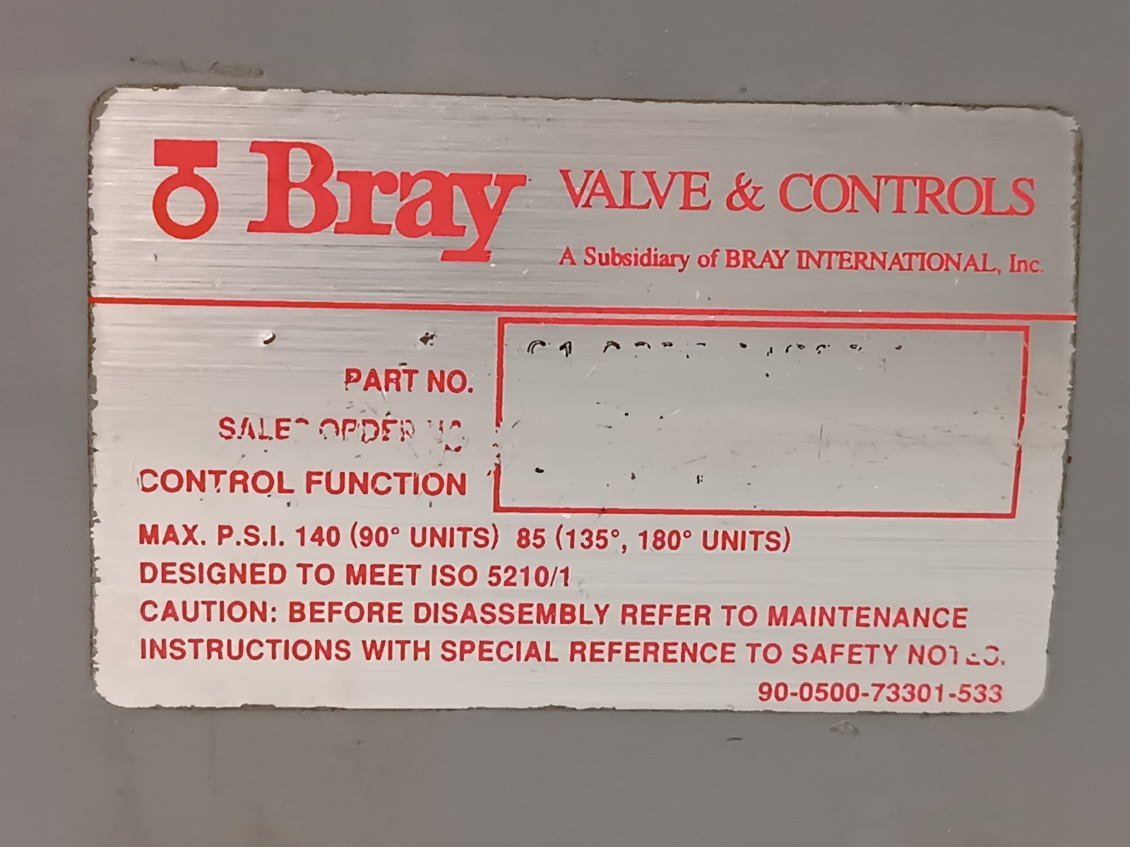 Bray Valve & Controls 90-0500-73301-533 Pneumatic Actuator, 140psi, Fail Open