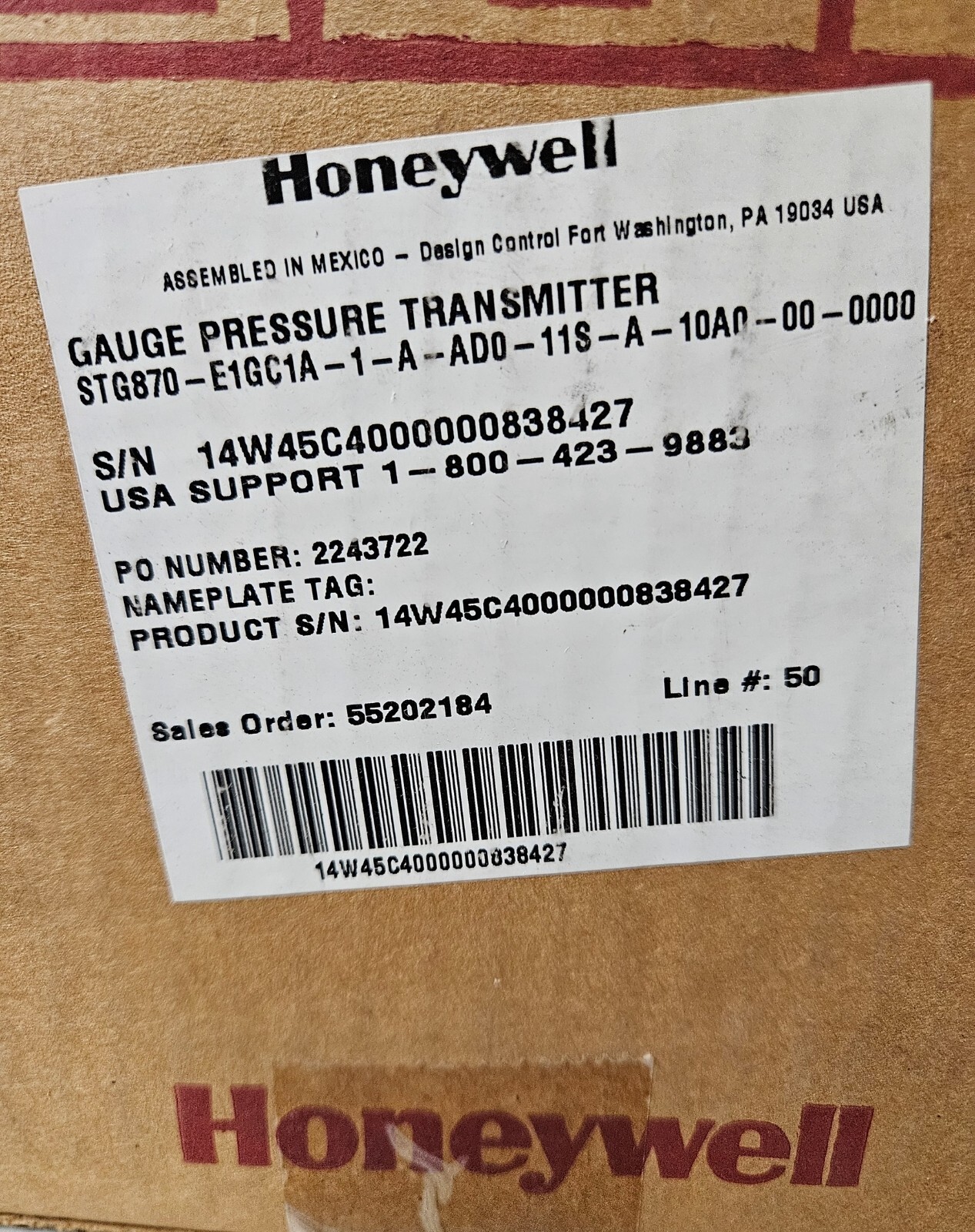 Honeywell STG870 Gauge Transmitter, 316SS Head/316LSS Diaphragm – NEW IN BOX