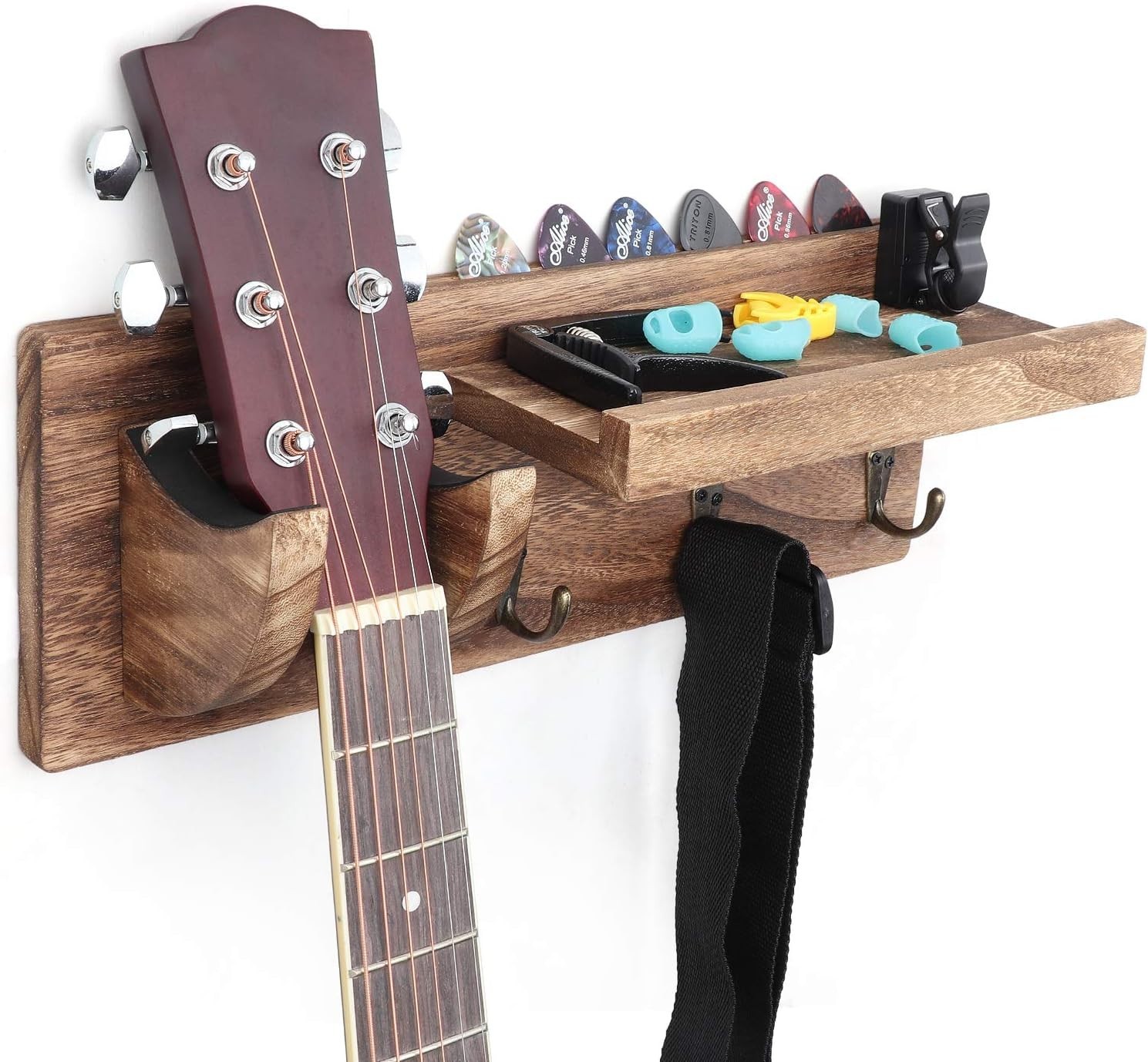 Multifunctional Wall Mount Guitar Hanger with Shelf & Hooks for All Guitar Types