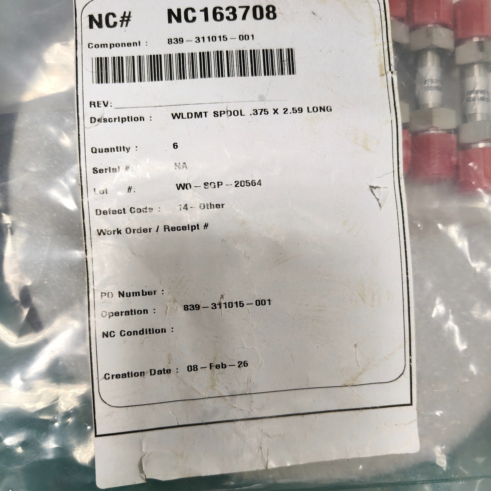 Lot of 6 Ichor 839-311015-001 WLDMT, SPOOL 0.375×2.59,Unused,~97476