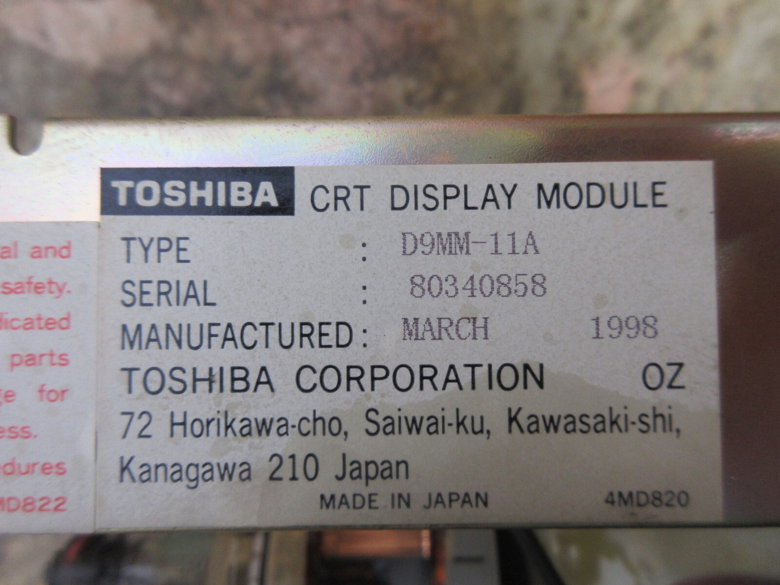 TOSHIBA CRT DISPLAY MODULE A61L-0001-0093 4MDB059G D9MM-11A MONITOR WARRANTY