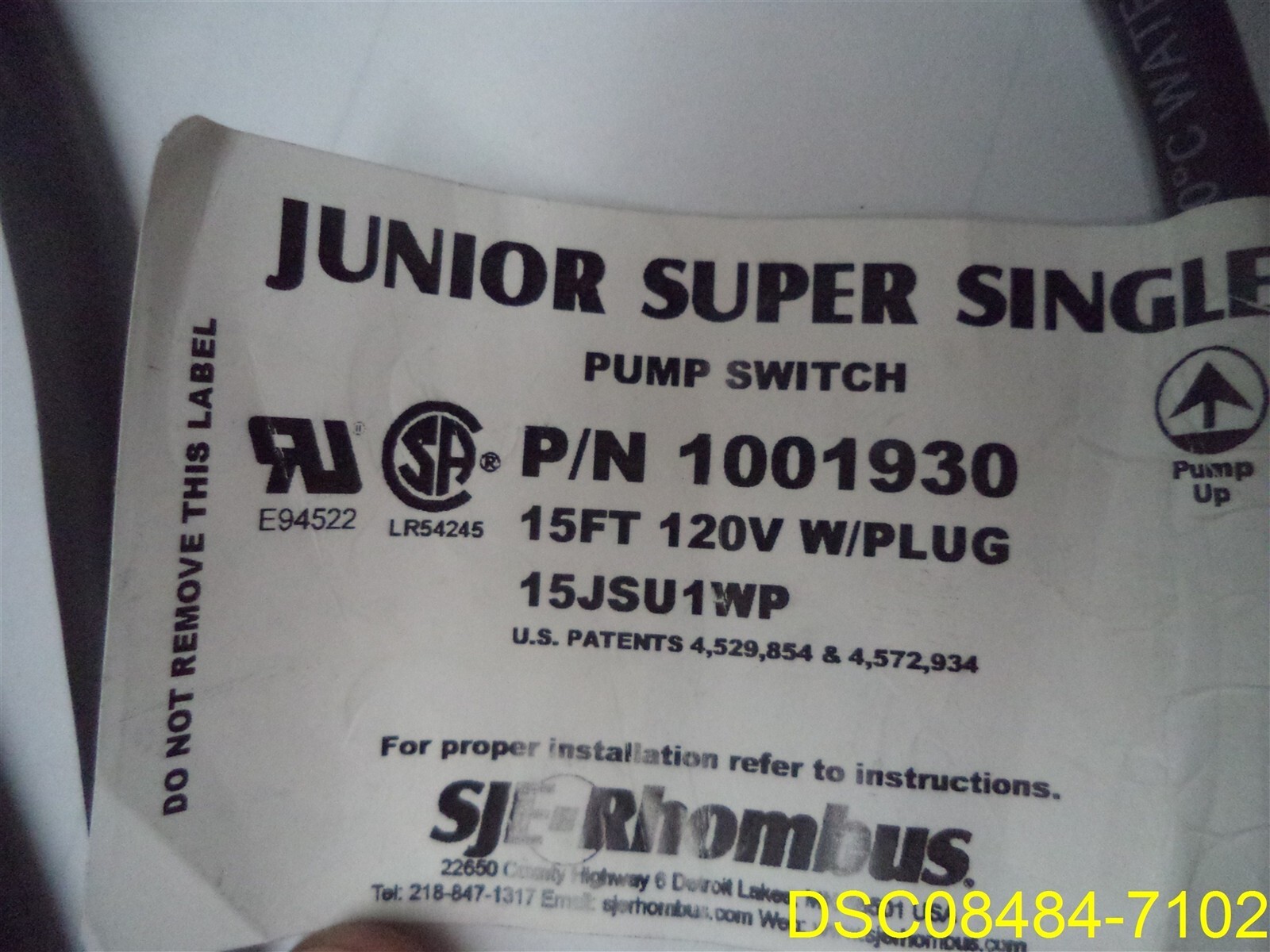 JUNIOR SUPER SINGLE Pump Switch SJE P/N 1001930, 15ft