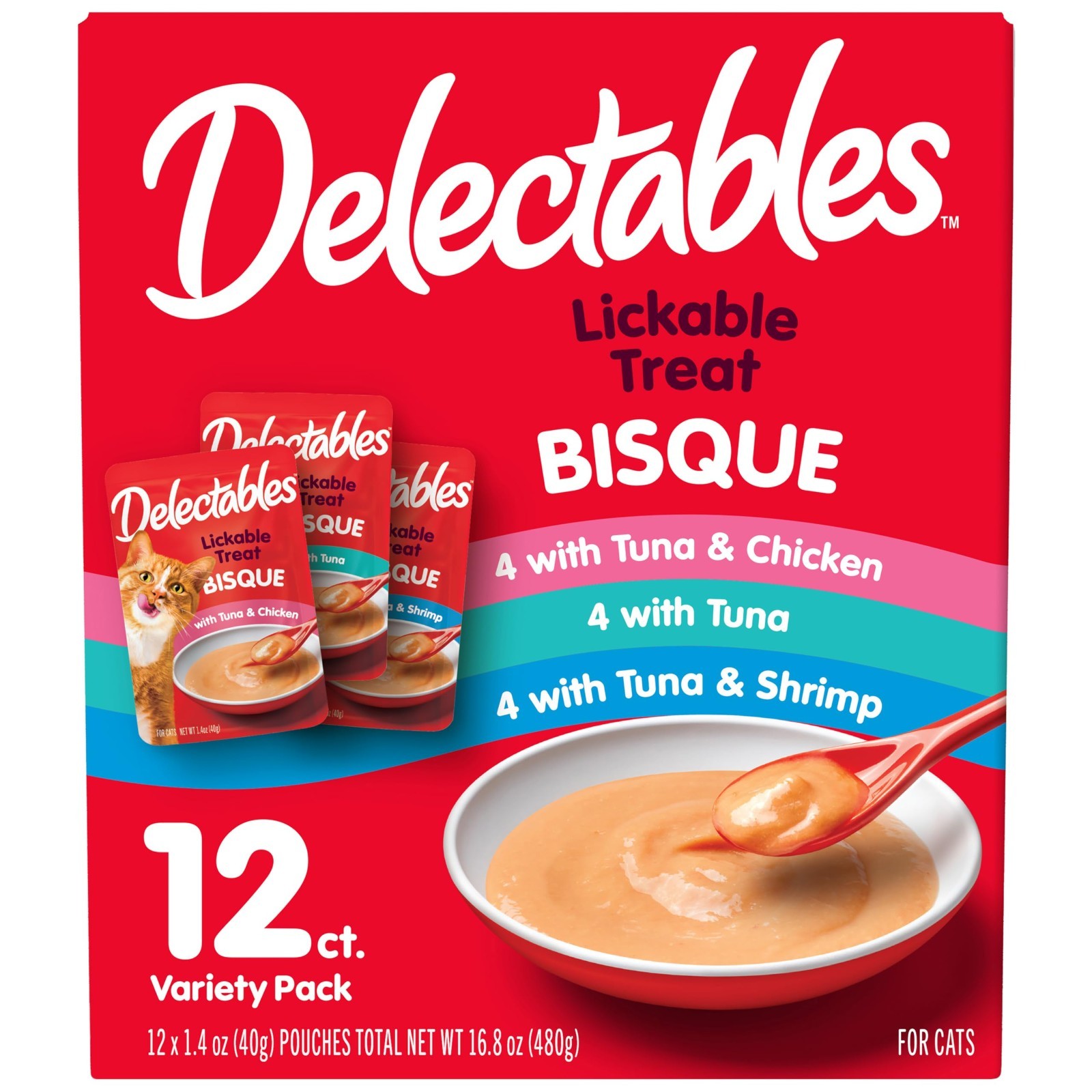 4 PACK Delectables Bisque Lickable Wet Cat Treats – Chicken, Tuna & Shrimp, 12ct