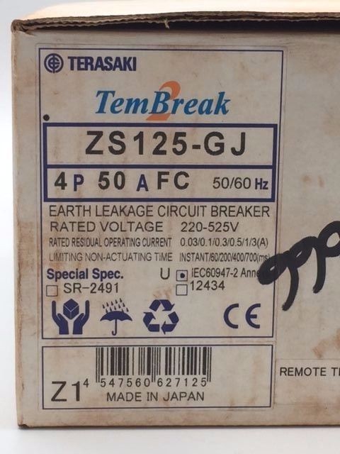 TERASAKI TemBreak ZS125-GJ 50A FC 4 Pole Circuit Breaker 36kA Rated 220-525V