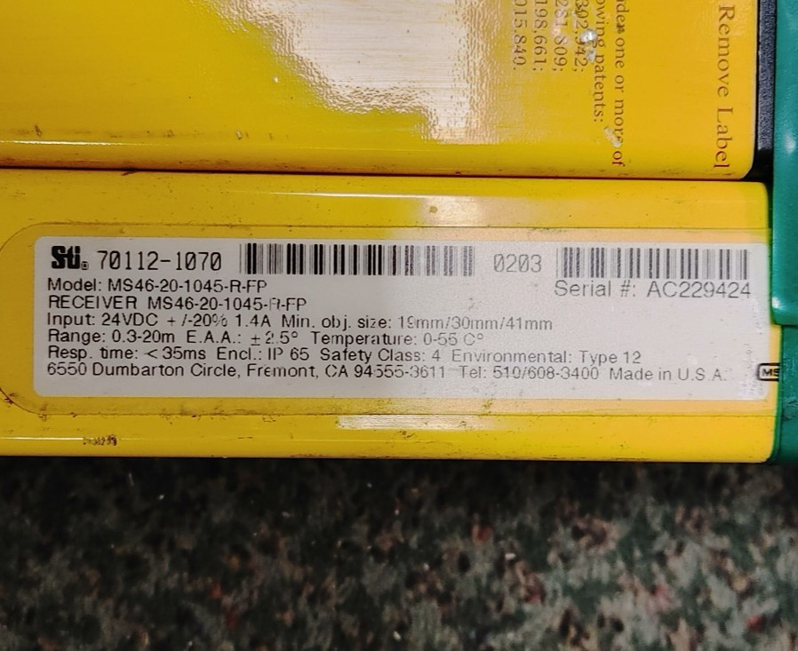 STI MINI SAFE 4600 MS46SR-20-1045-R-FP & MS46-20-1045-X LIGHT CURTAIN PAIR NEW!!