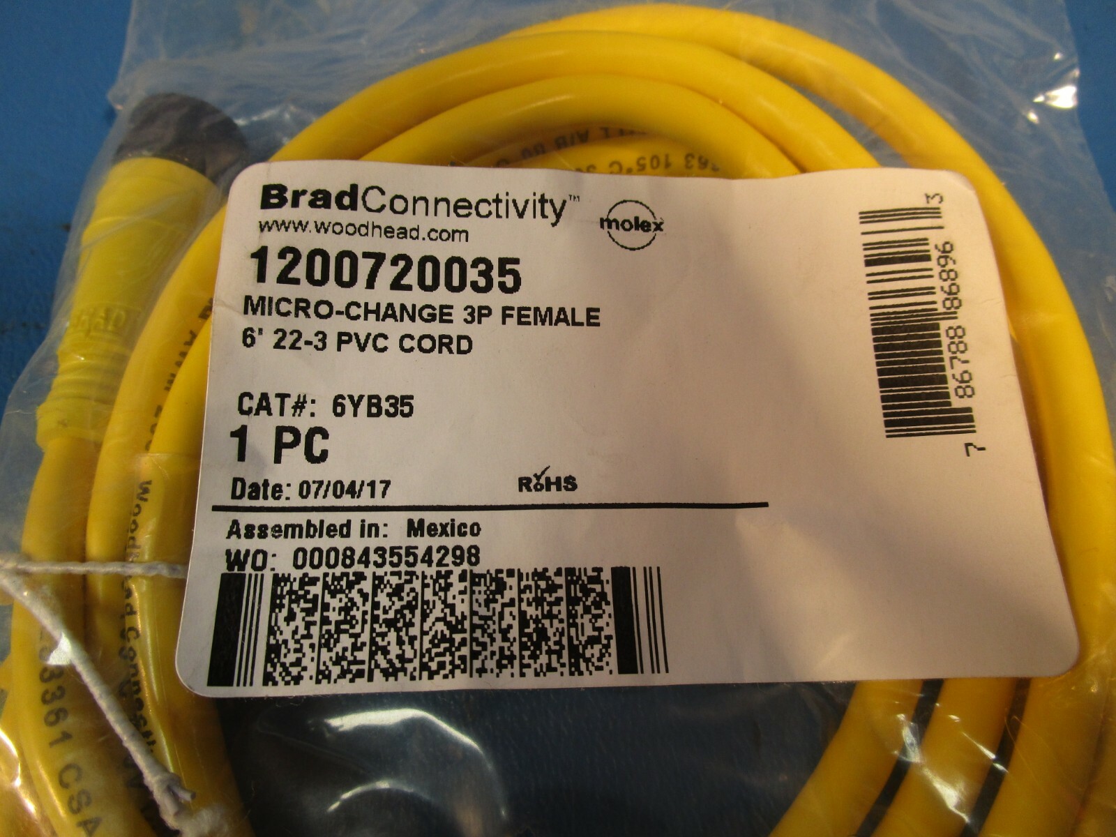 Brad, 6YB35 Cordset, 6′, Micro-Change 3 pins, Female (Grainger, Woodhead)
