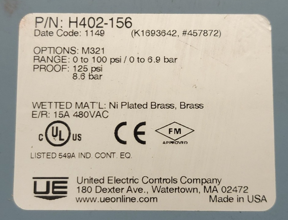 H402-156 UE Controls Model H402 Pressure Switch