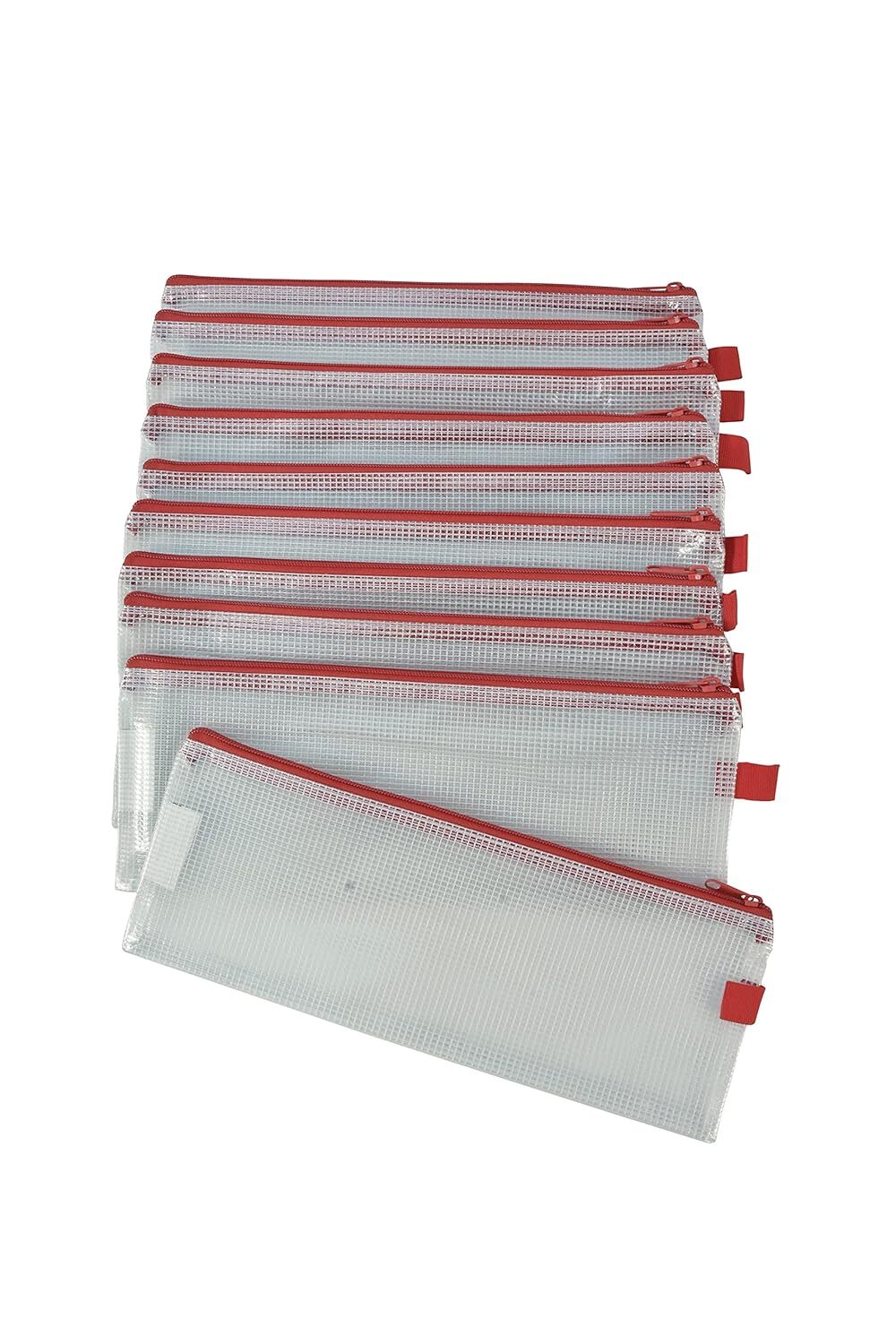 Sax Mesh Zippered Bag, 5 x 13 Inches, Clear with Red Trim, Pack of Clear,Red