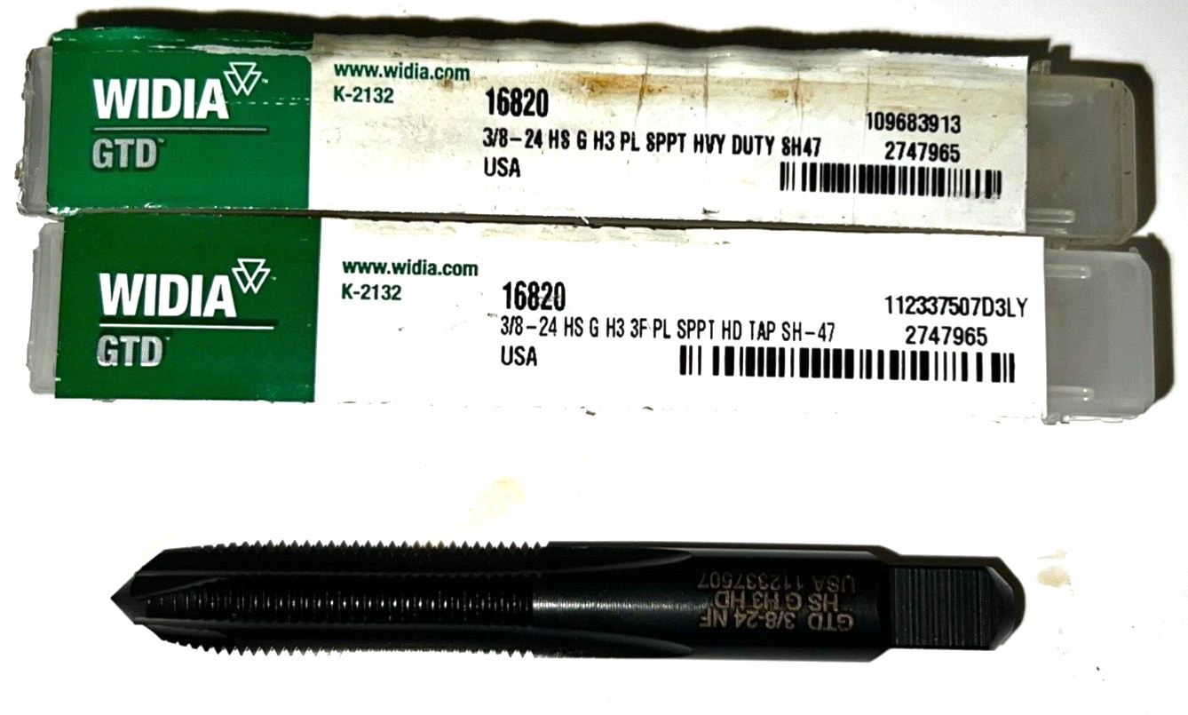 WIDIA GTD SPIRAL POINT TAP 16820 3 FLUTE 3/8″-24 1-1/4″ LOC 3″ OAL LOT OF 2*