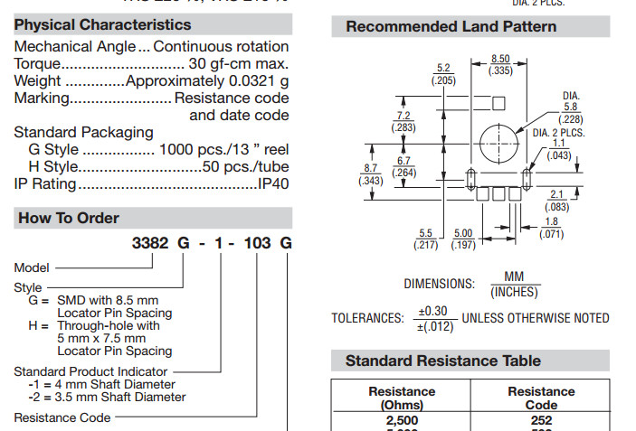 1x BOURNS 3382G-1-103G resistive rotation sensor B10K angular position detection
