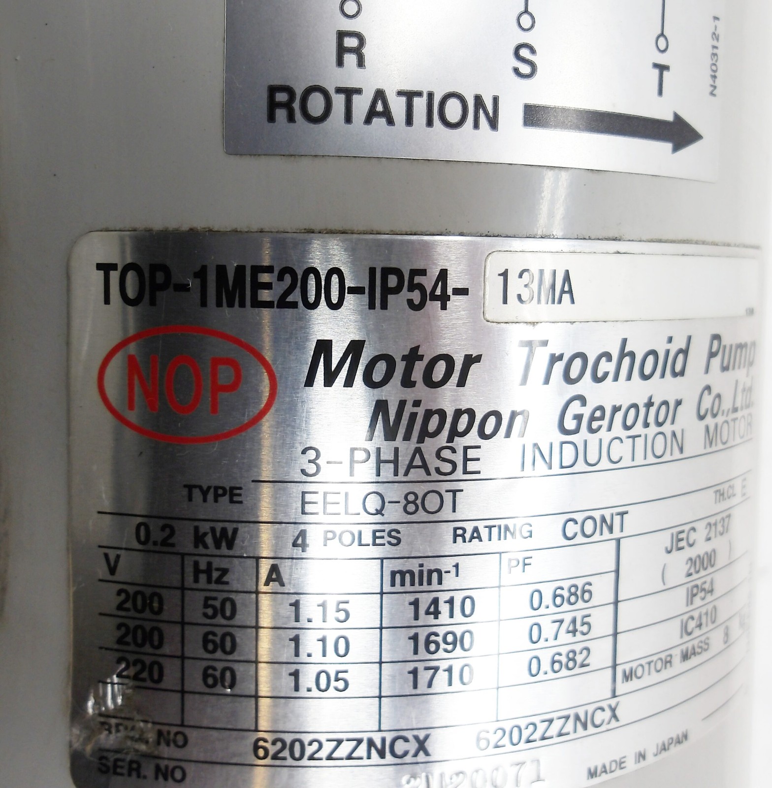 NEW NIPPON TOP-1ME200-IP54-13MA MOTOR TROCHOID PUMP EELQ-8OT TOP-13MA *READ*