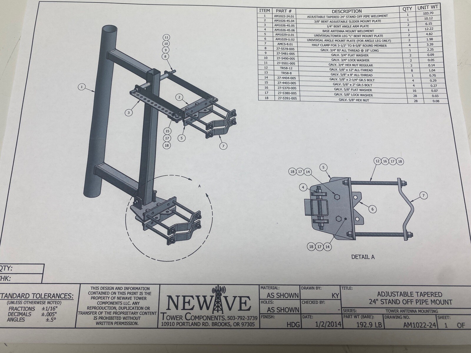 NEWAVE Tower Components AM1022-24 Adjustable Tapered 24″ Stand Off Pipe Mount
