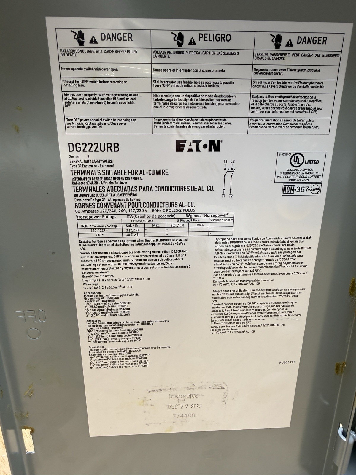 Eaton DG222URB Safety Switch 240VAC 60A Double Fused Fuse Box Type 3R Rainproof