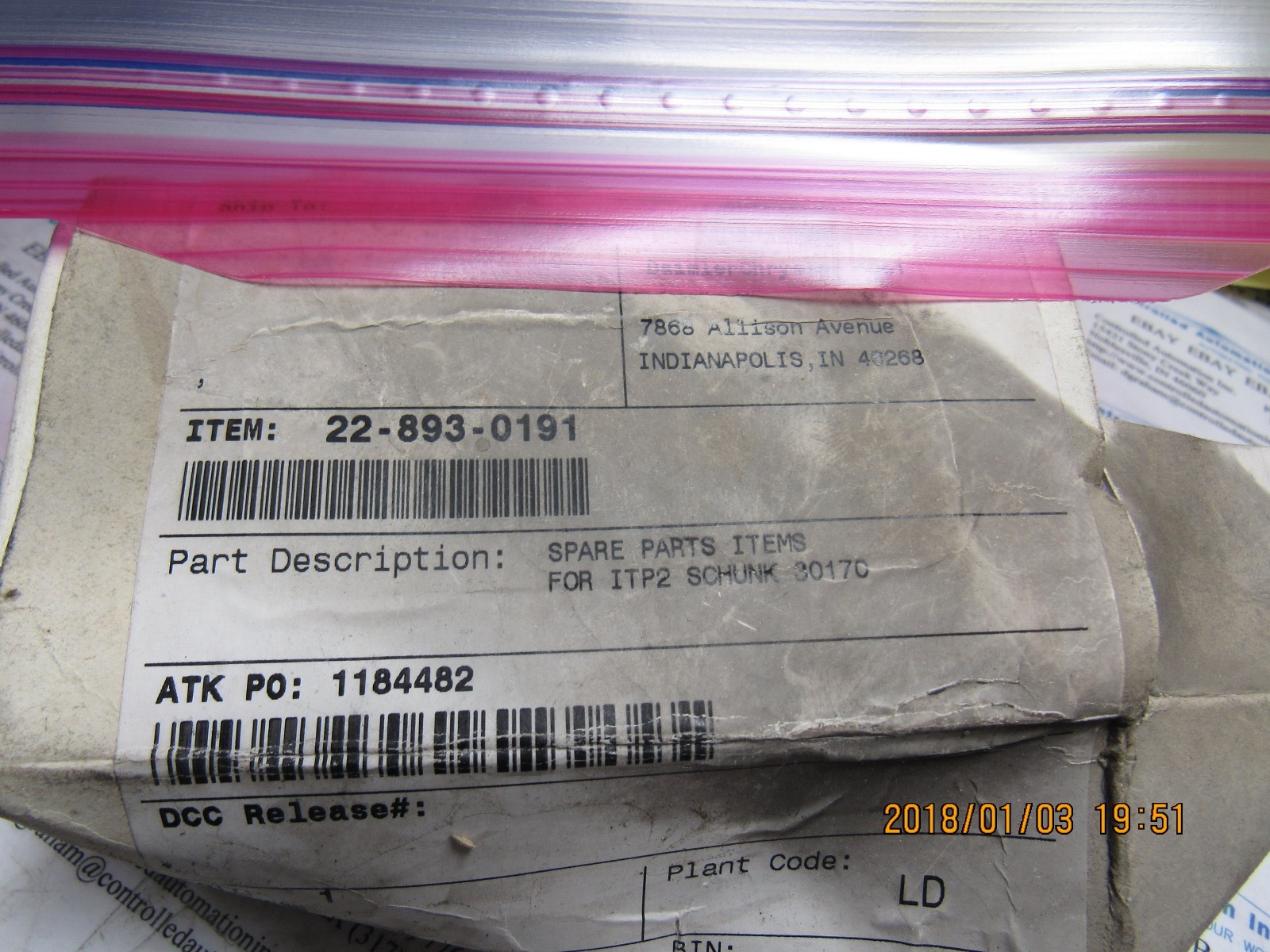 SPARE PARTS ITEMS FOR ITP2 SCHUNK 30170