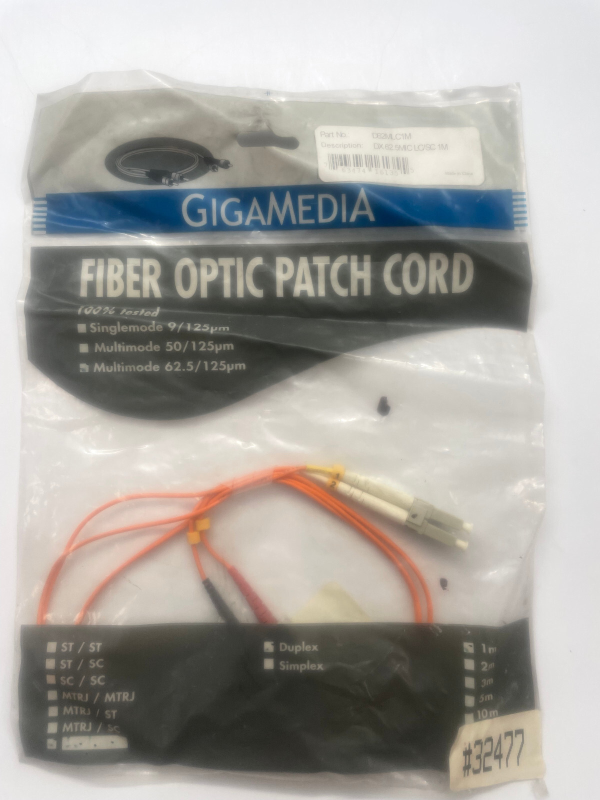 Gigamedia Multimode Fiber Optic Patch Cord DX62.5MIC LC/SC 1M
