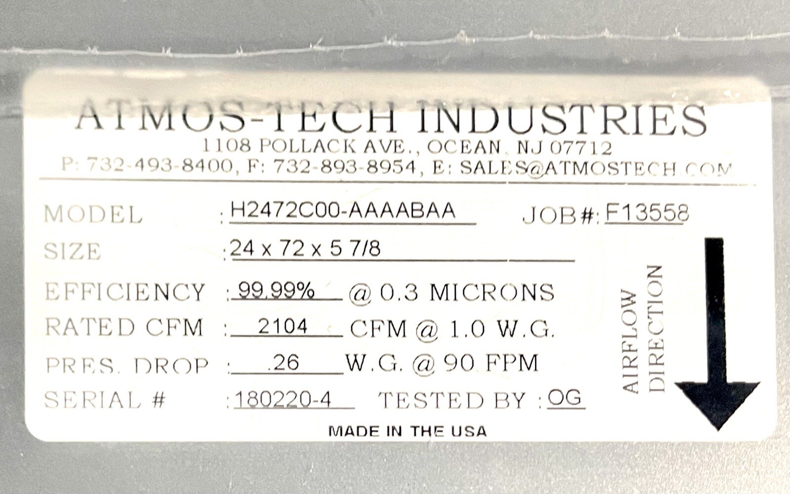Atmos-Tech H2472C00-AAAABAA HEPA Filter 24 x72x5-7/8″ 2104 CFM @ 1.0 WG NEW