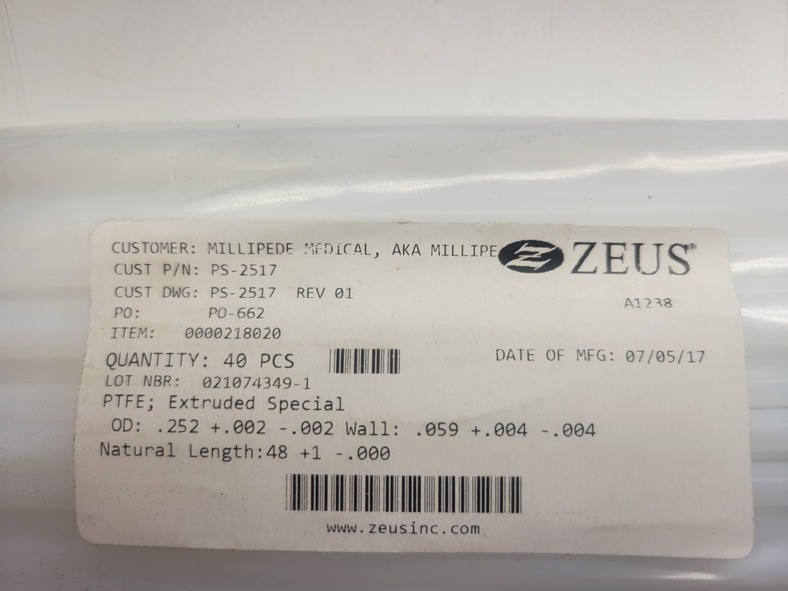 PTFE Heavy Wall Tubing, .252 ID x .059 Wall x 48 in long, Zues, Medical Grade