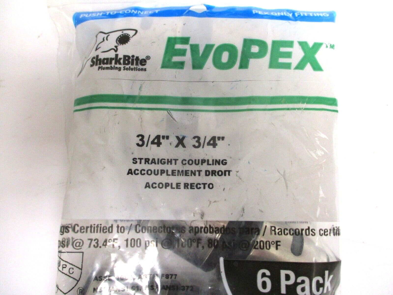SHARKBITE , EVOPEX , K016A6 , 3/4″ STRAIGHT COUPLING , LOT OF 12 , SURPLUS