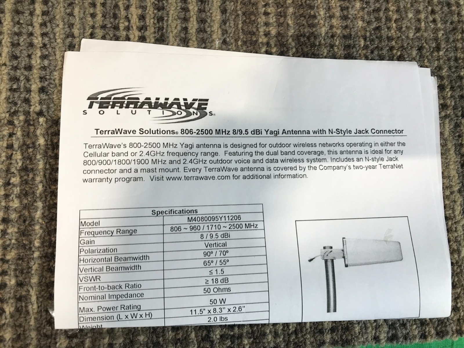TerraWave 1710-2500 MHz 8/9 Yagi Antenna N-Style Jack M080095Y11206 *