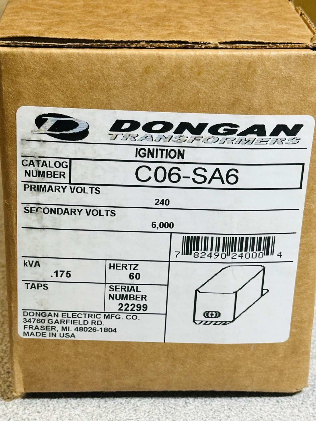 NEW Dongan C06-SA6 Ignition Transformer – 240V primary / 6000V secondary 60Hz