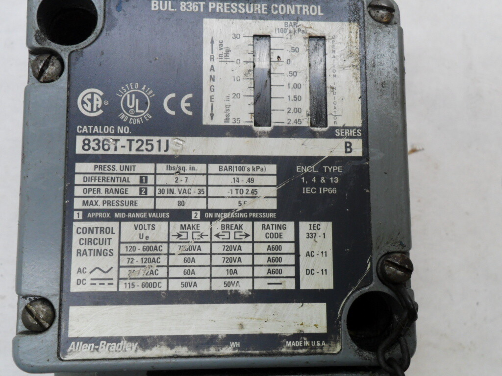 ALLEN BRADLEY 836T-T251J /B PRESSURE CONTROL 600V 60A