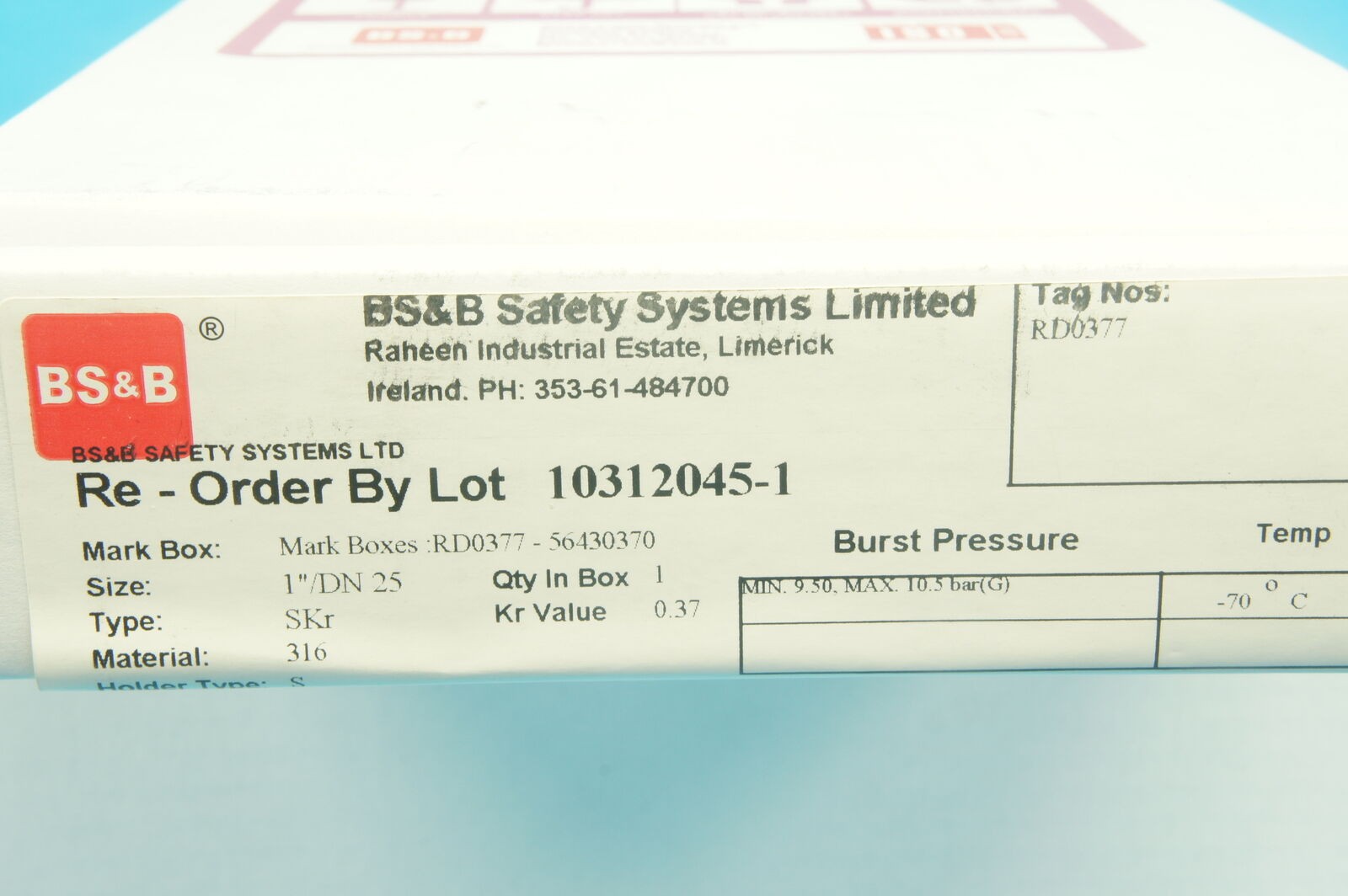 BS&B 10312045-1 SKR rupture disk 1 in.(1″)/DN 25 316SS 9.50-10.50 bar(G) @ -70°C