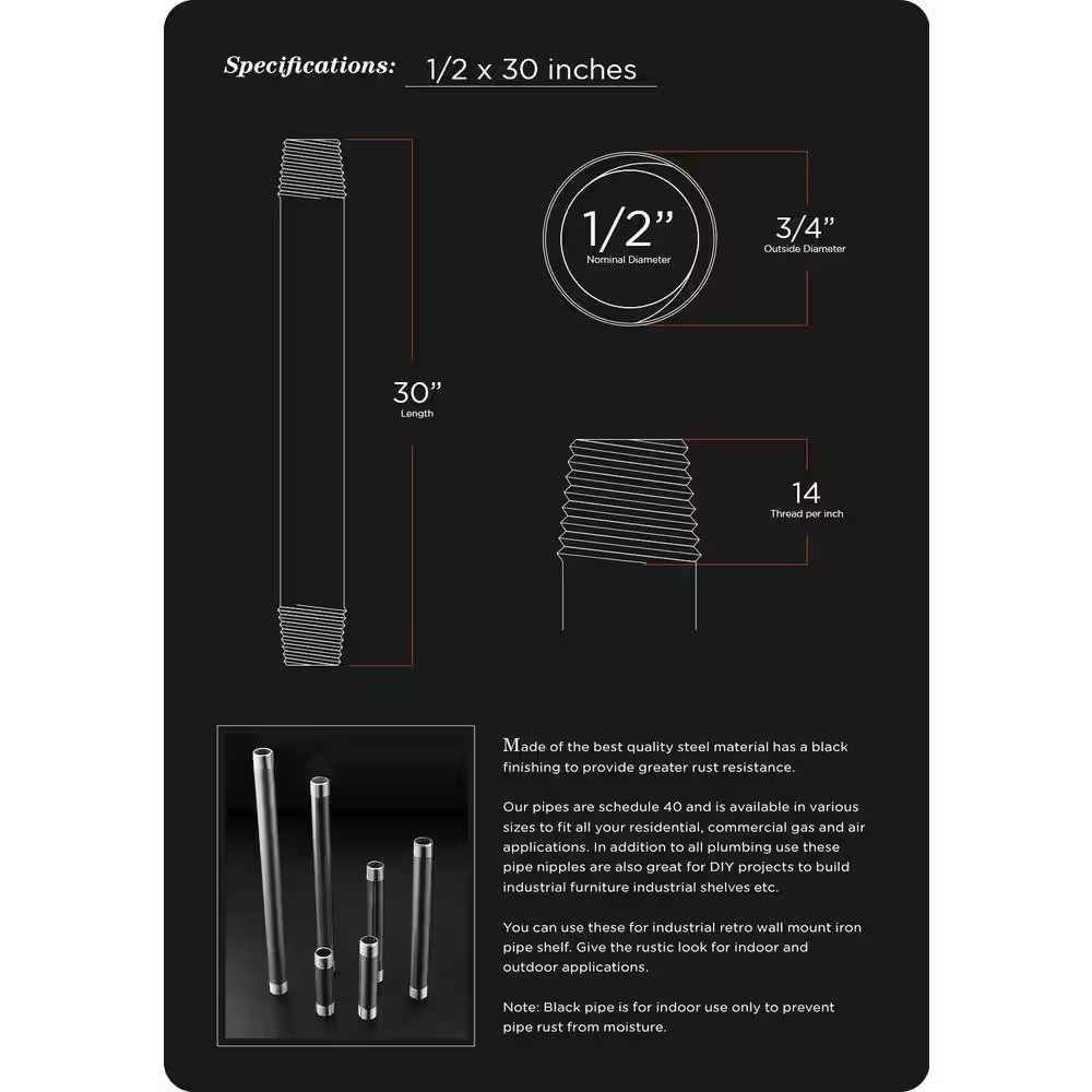 1/2 In. X 30 In. Black Steel Pipe