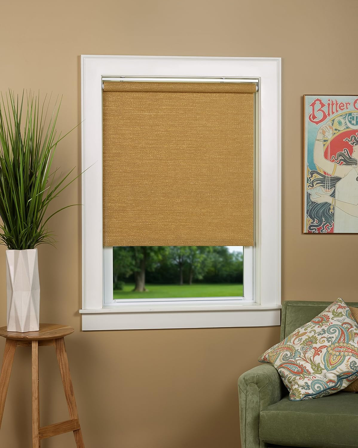 Textured Wicker Color Woven Cordless Spring Roller Blind – Size 33″ Wide x 72″ L