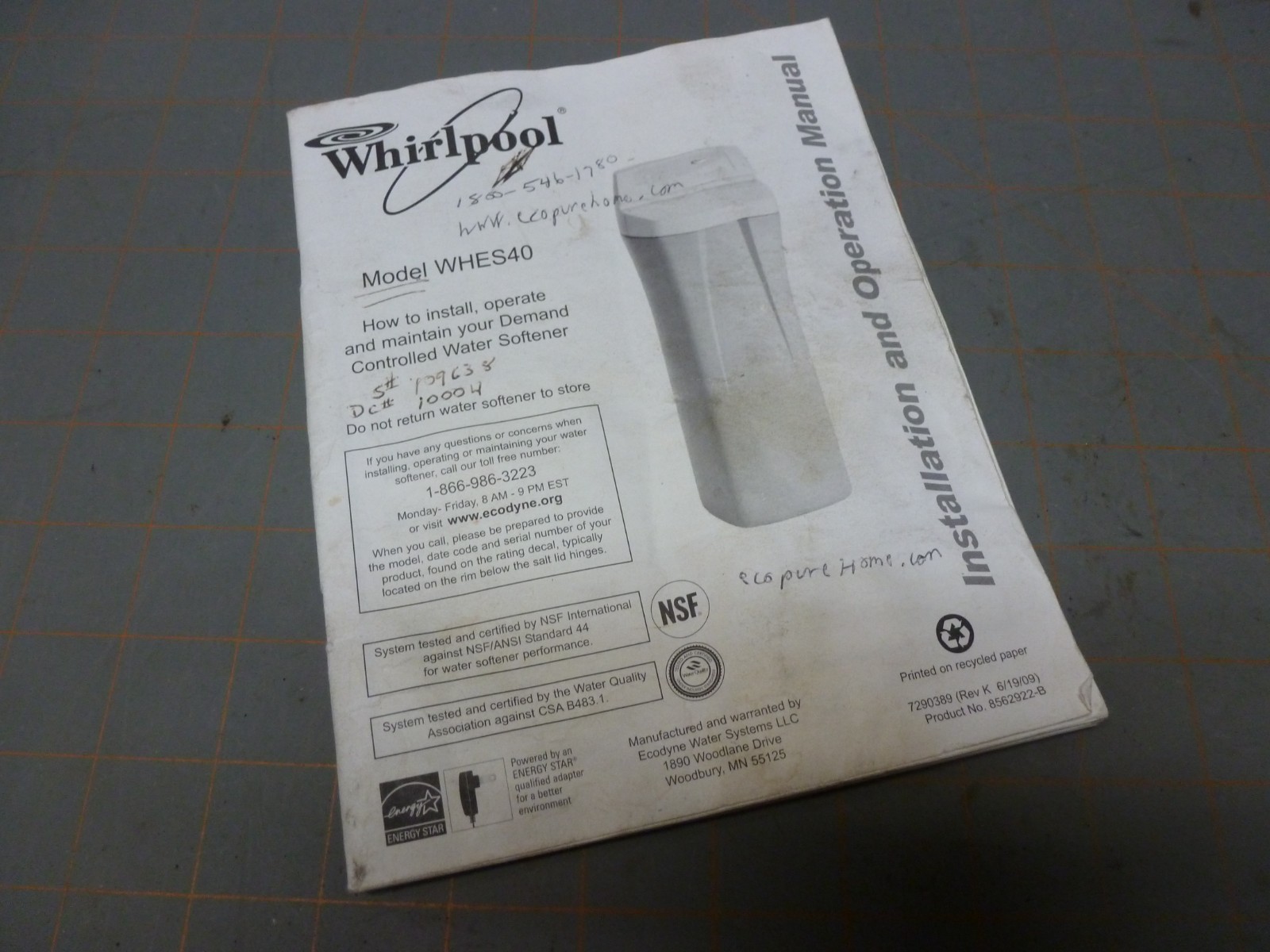 Used Installation & Operation Manual for Whirlpool WHES40 Demand Water Softener