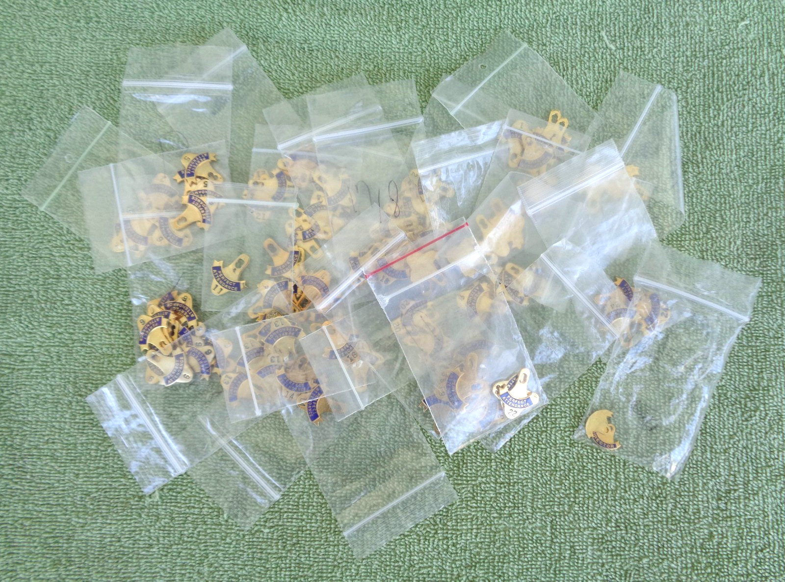 Large Lot Gold Tone & Blue Perfect Attendance Pendants from 1 – 38 yr + Director