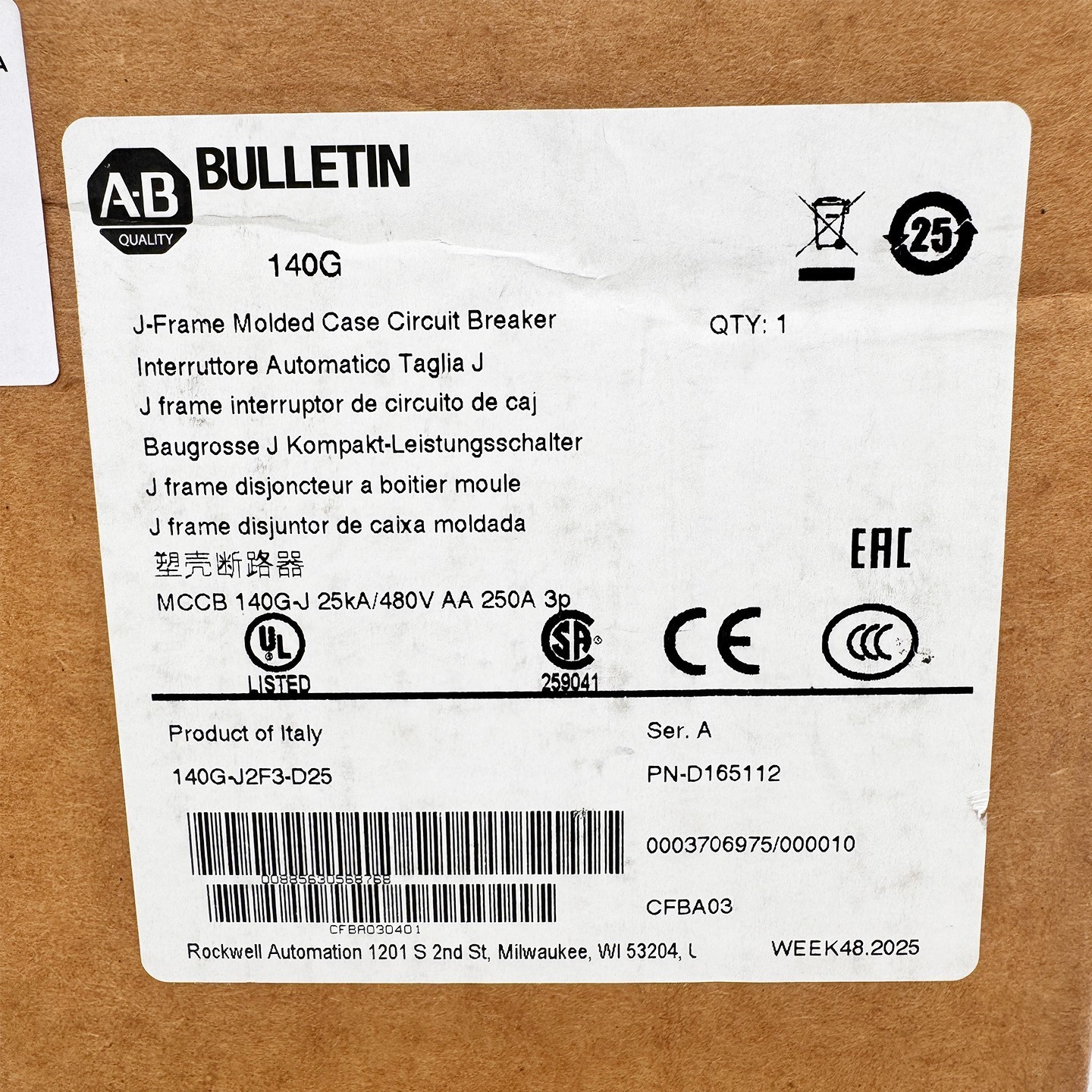 140G-J2F3-D25 140G 250A J Frame Molded Case Ckt-Bkr New Original 140GJ2F3D25