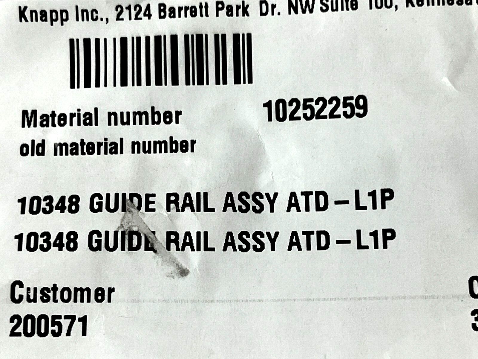 Knapp 10252259 Guide Rail Assembly 10348 for ATD-L1P LOT OF 2