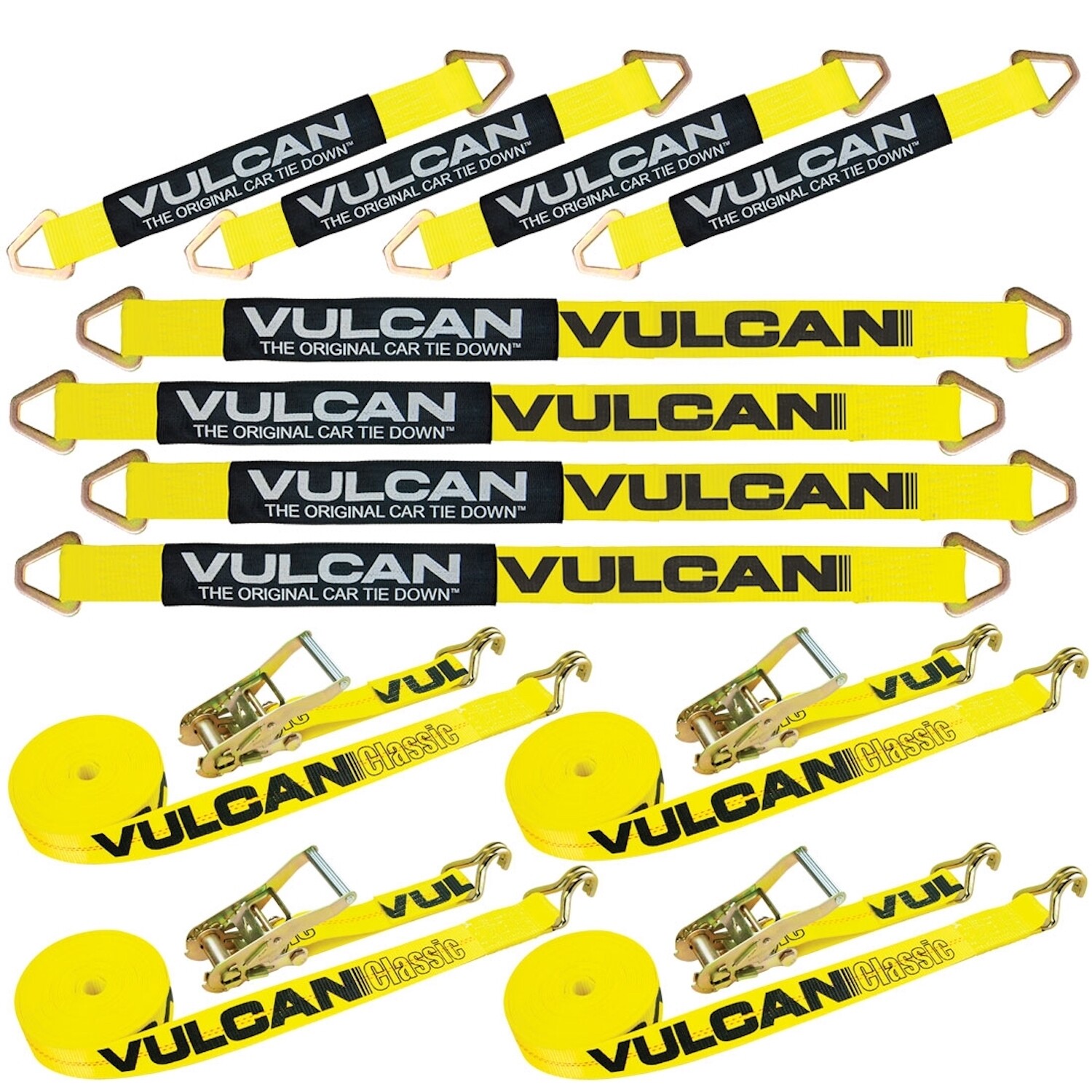 VULCAN Classic Yellow Axle Strap Tie Down Kit – Wire Hook Ratchet Straps