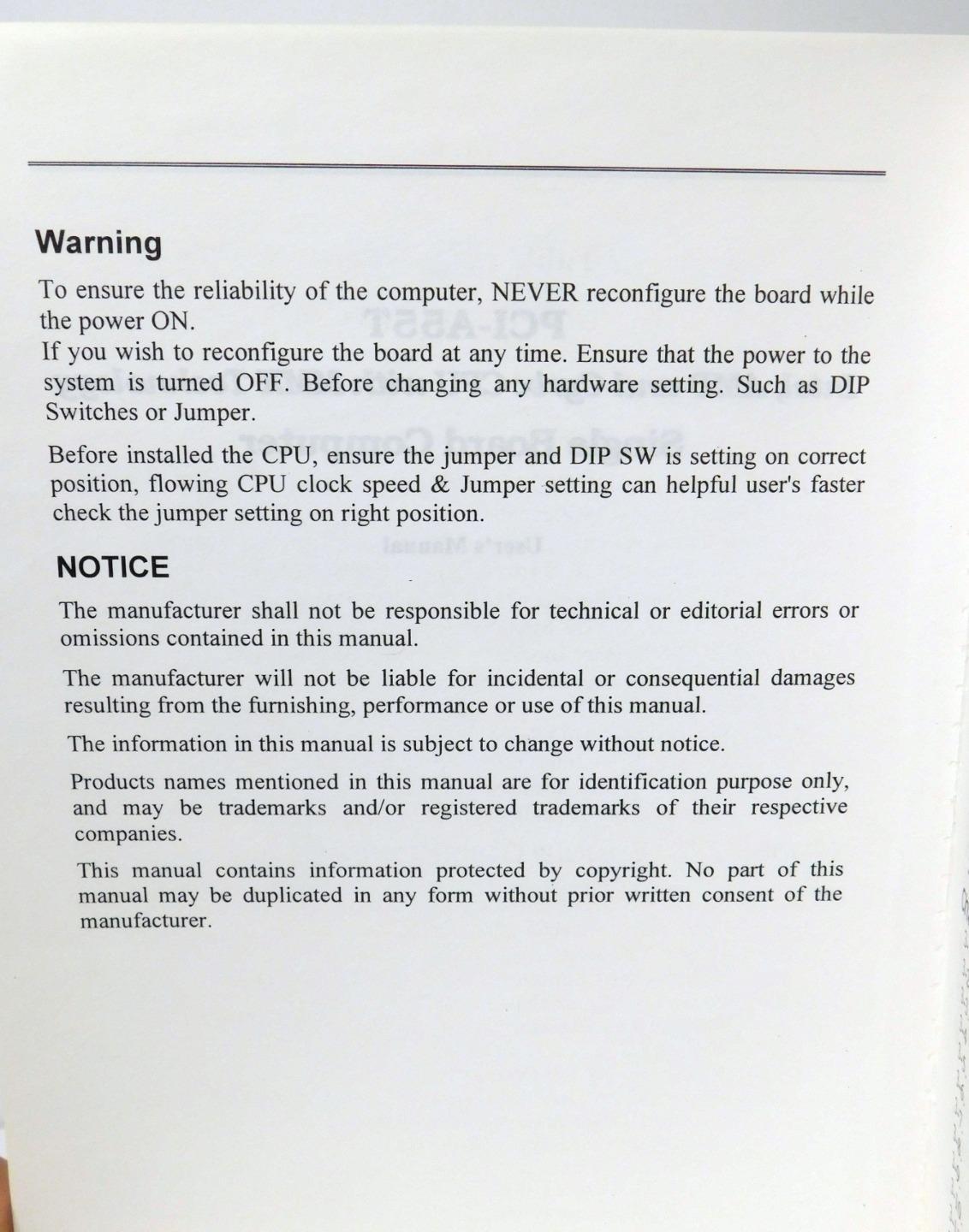 ATI PCI-A55T Single Board Computer Intel, AMD & Cyrix CPU with MMX Tech Manual