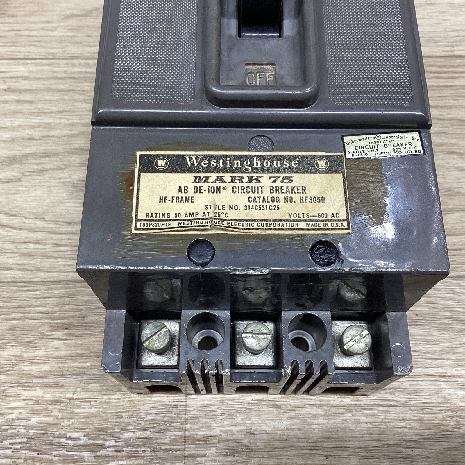 WESTINGHOUSE MARK 75 HF3050 50 AMP 3 POLE 600AC CIRCUIT BREAKER #803D100PR6*CO