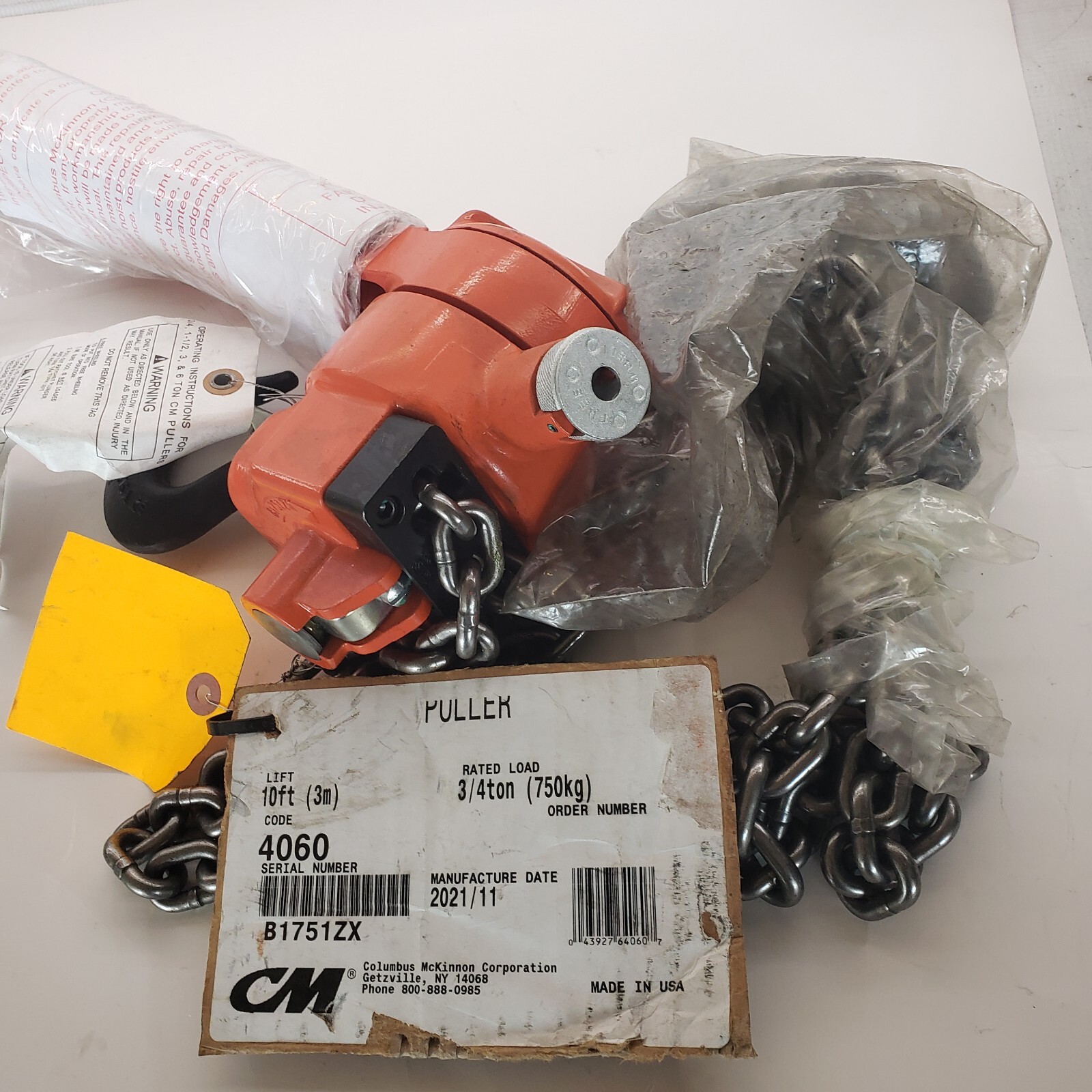 CM 4060 Manual Lever Hoist: 1,500 lb Limit, 58 lb Pull to Lift Load, 1 Chain