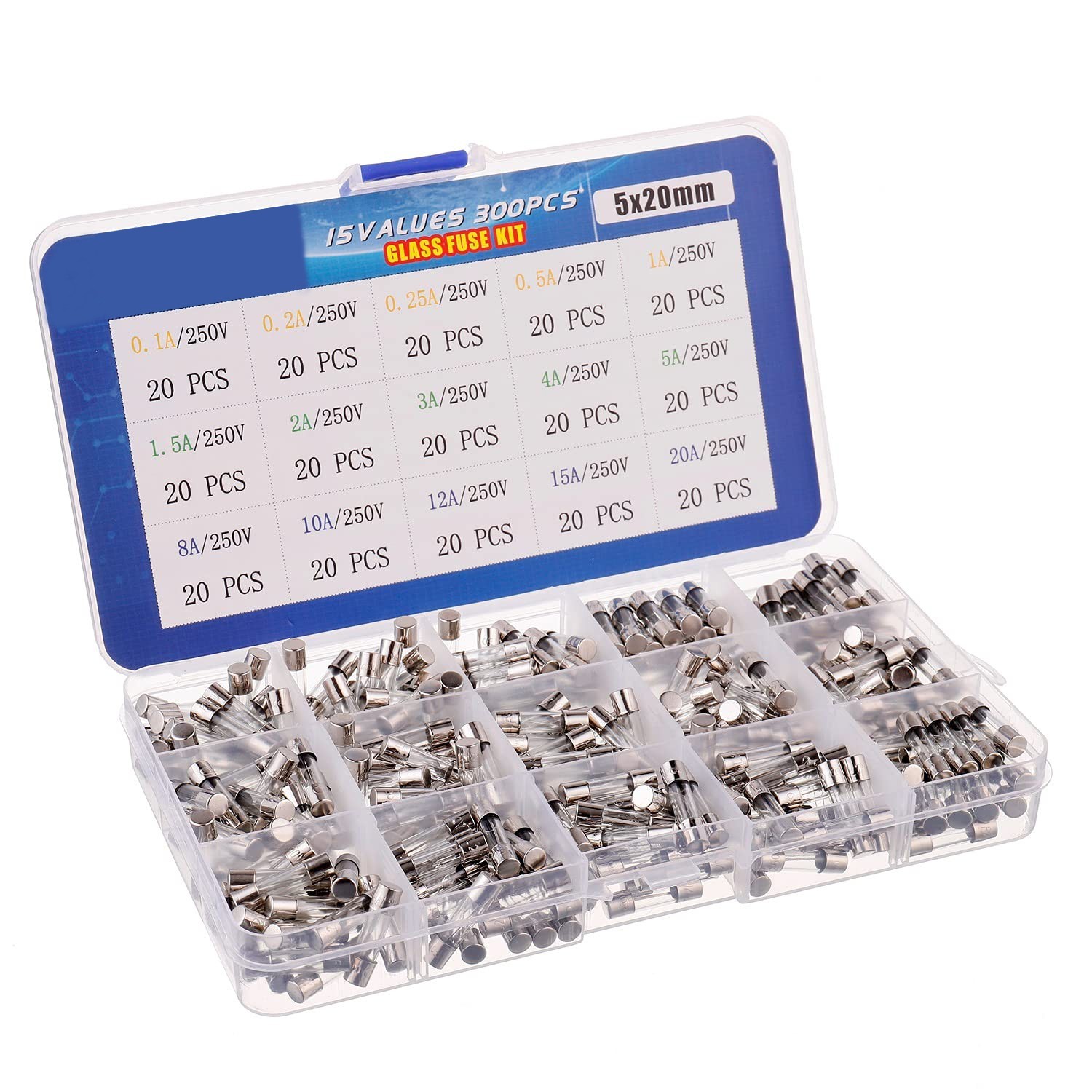 300 Pcs 15 Values 5 x 20mm Fast-Blow Glass Fuse Assortment 250V 0.1A Tube Fuses