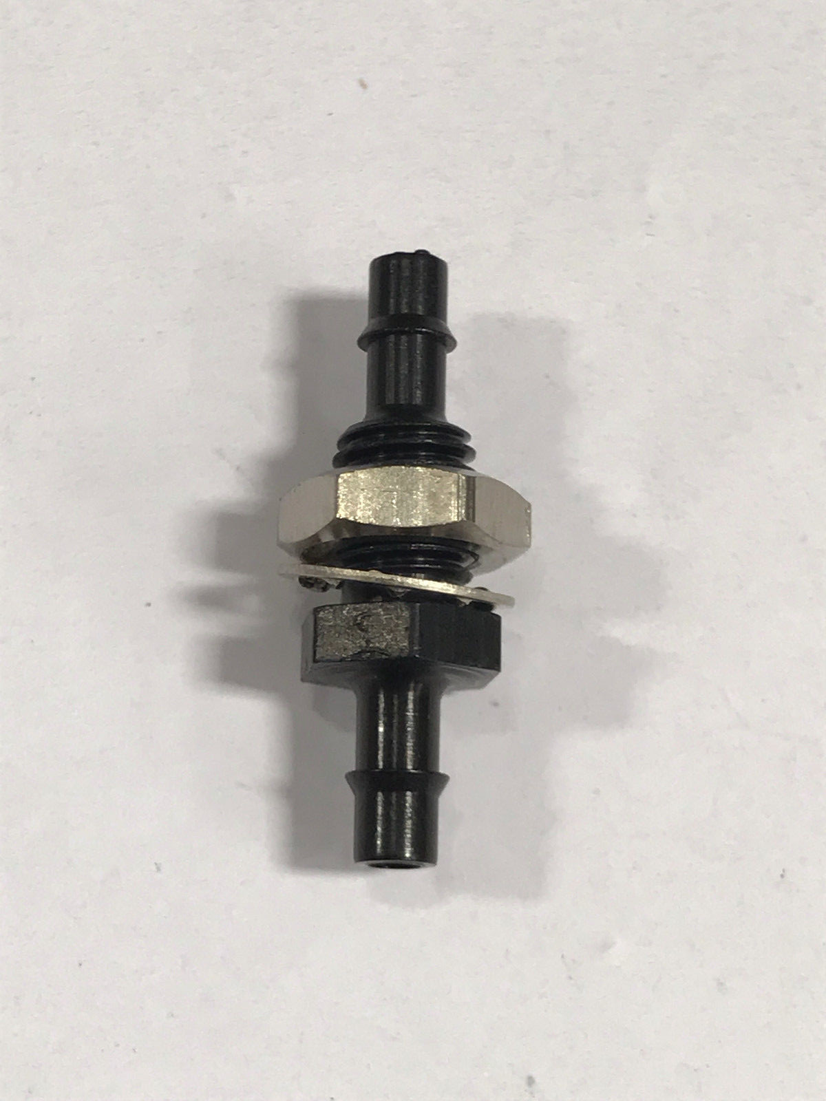 Black anodized aluminum bulkhead fitting 1/4-28 UNF thread to 1/8 ID tubing barb