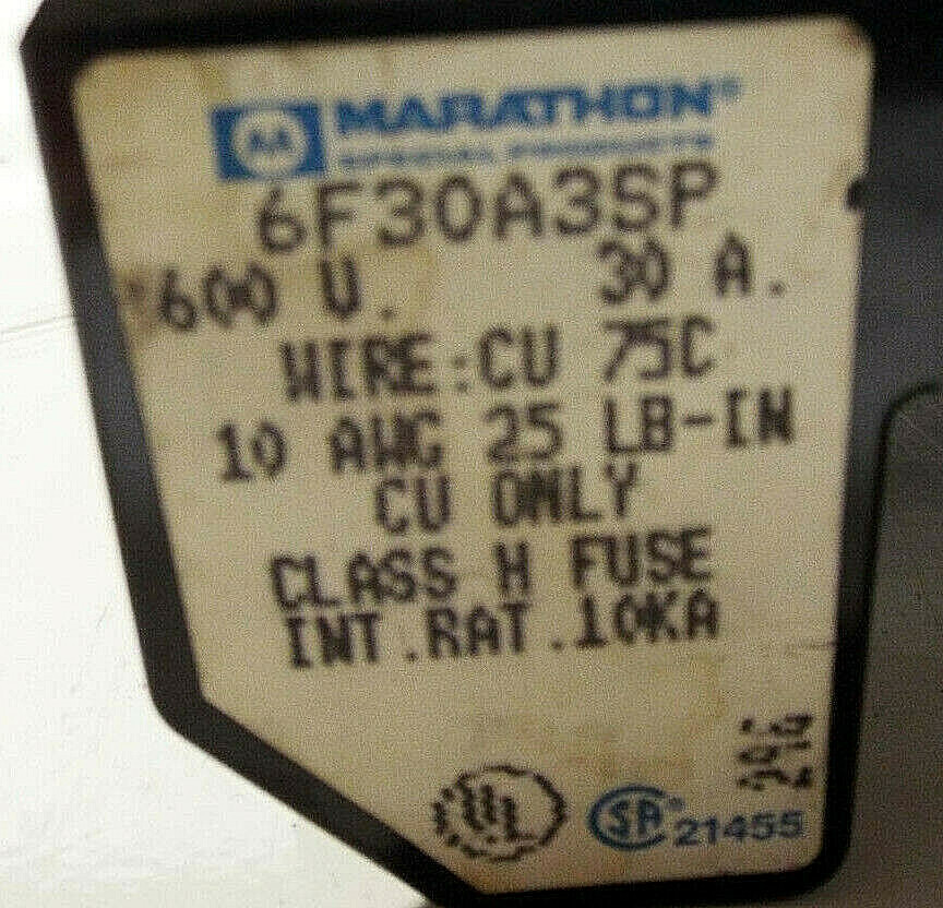 1 NEW MARATHON 6F30A3SP FUSE HOLDER, 600 V 30 A NNB ***MAKE OFFER***