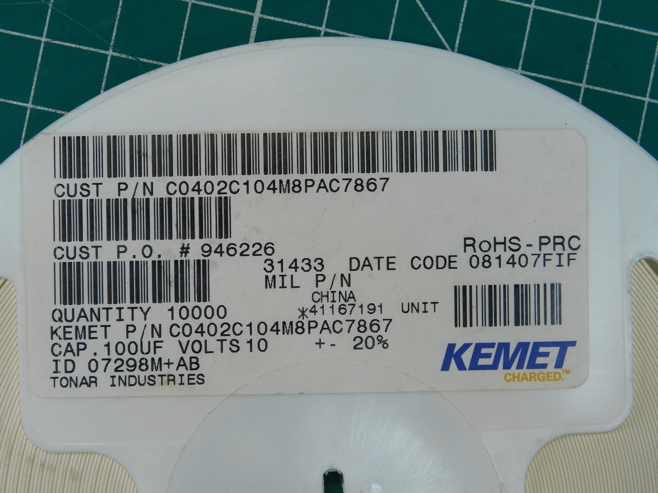 Lot of 20000 KEMET ELECTRONICS C0402C104M8PAC7867 X93986 CAP CER 0.1UF 10V X5R